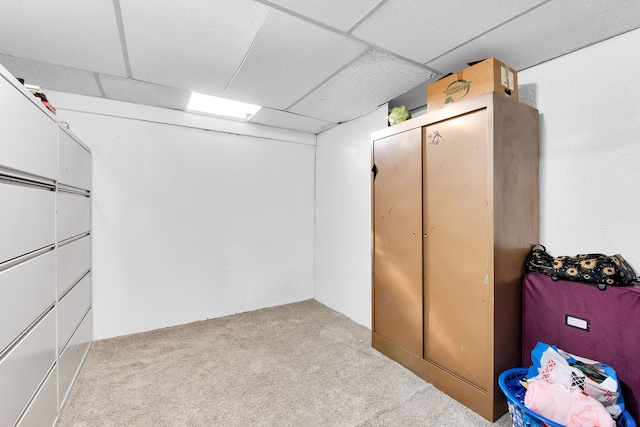 below grade area with a drop ceiling and carpet flooring