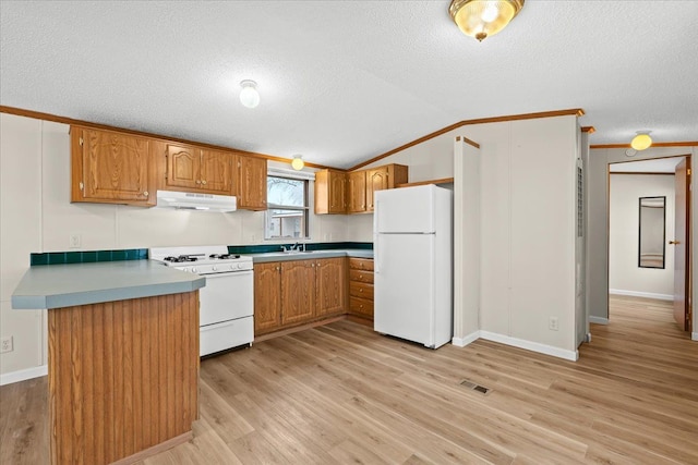 22600 Middlebelt Rd Lot F-28, Farmington Hills, MI 48336 - kitchen featuring visible vents, white appliances, a textured ceiling, under cabinet range hood, and light wood finished floors