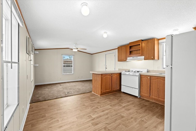 kitchen featuring white appliances, light wood-type flooring, a ceiling fan, under cabinet range hood, and brown cabinets