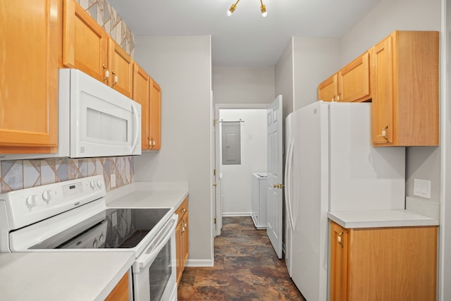 10025 Sunrise Dr, Grand Blanc, MI 48439 - kitchen with white appliances, tasteful backsplash, light countertops, and light brown cabinetry