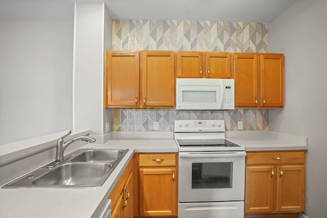 10025 Sunrise Dr, Grand Blanc, MI 48439 - kitchen with white appliances, light countertops, and backsplash