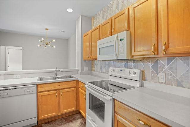 10025 Sunrise Dr, Grand Blanc, MI 48439 - kitchen featuring white appliances, a chandelier, light countertops, decorative backsplash, and hanging light fixtures
