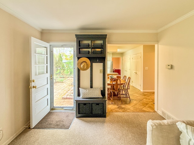 2126 Holly Tree Dr, Davison, MI 48423 - entrance foyer featuring ornamental molding, carpet, and baseboards