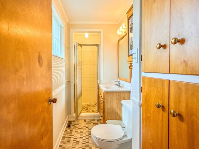 2126 Holly Tree Dr, Davison, MI 48423 - full bathroom featuring a stall shower, toilet, crown molding, and vanity