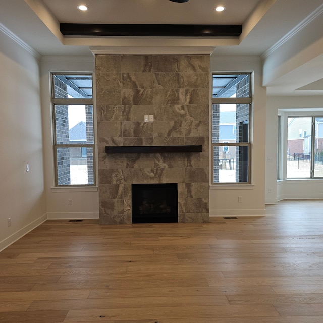 unfurnished living room featuring crown molding, a large fireplace, a raised ceiling, baseboards, and hardwood / wood-style floors