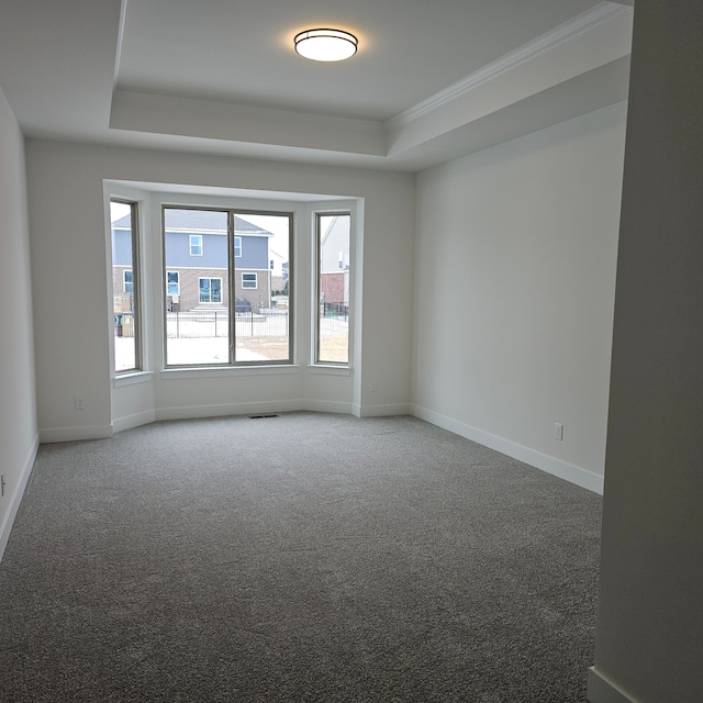 carpeted empty room featuring baseboards, ornamental molding, a tray ceiling, and a healthy amount of sunlight