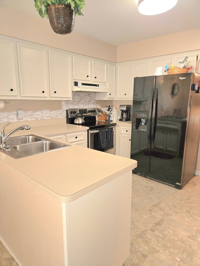 14879 Riverside St, Livonia, MI 48154 - kitchen with black refrigerator with ice dispenser, stainless steel range with electric stovetop, under cabinet range hood, light countertops, and white cabinetry