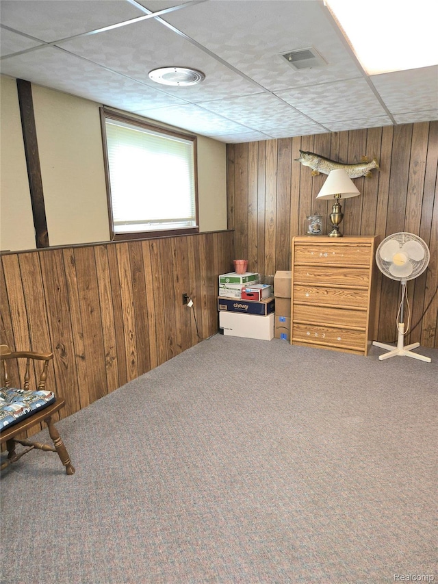 14879 Riverside St, Livonia, MI 48154 - living area with wood walls, carpet, and wainscoting
