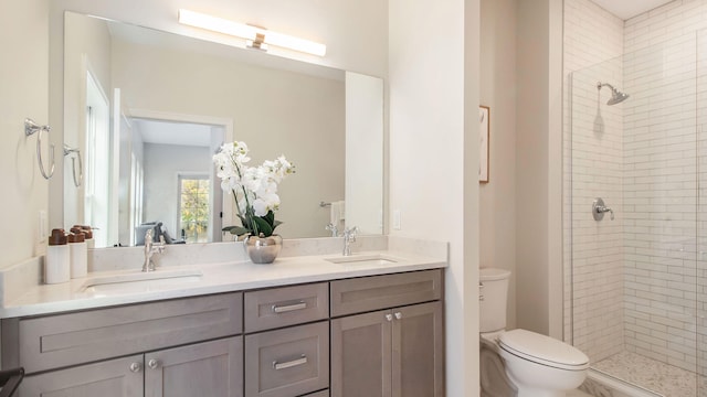 full bathroom featuring a sink, toilet, and a stall shower