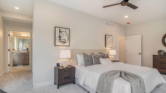 bedroom with light carpet, baseboards, visible vents, and recessed lighting
