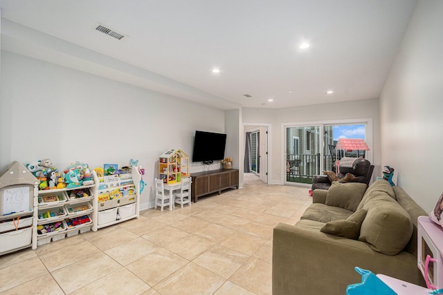 game room with visible vents, baseboards, recessed lighting, and light tile patterned floors