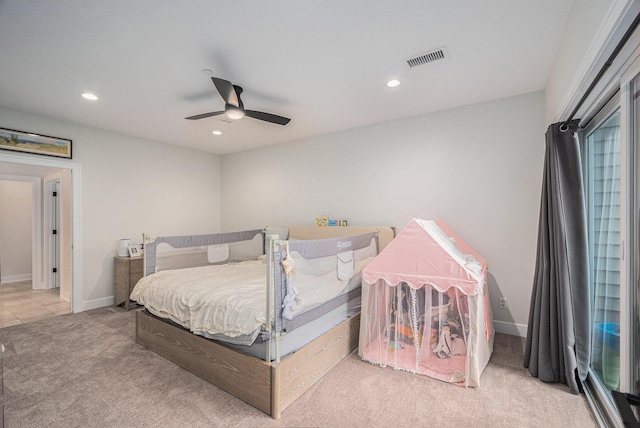 carpeted bedroom with baseboards, a ceiling fan, visible vents, and recessed lighting