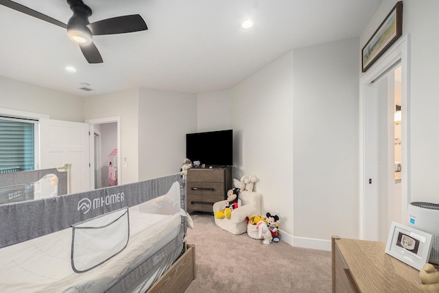 carpeted bedroom featuring recessed lighting, baseboards, and ceiling fan