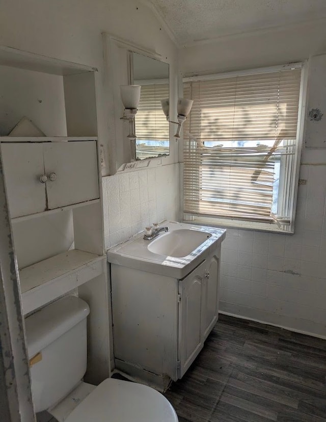 2557 Tiffin St, Flint, MI 48504 - half bathroom featuring toilet, healthy amount of natural light, wood finished floors, vanity, and a textured ceiling