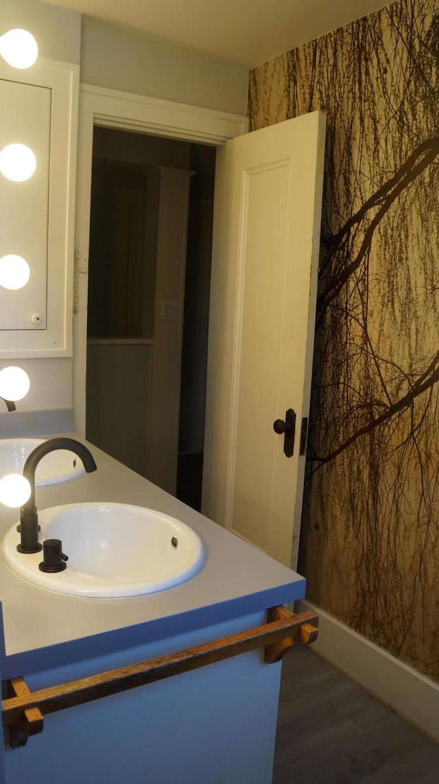 11340 Mccrone Rd, Milan, MI 48160 - bathroom with wallpapered walls, vanity, and wood finished floors
