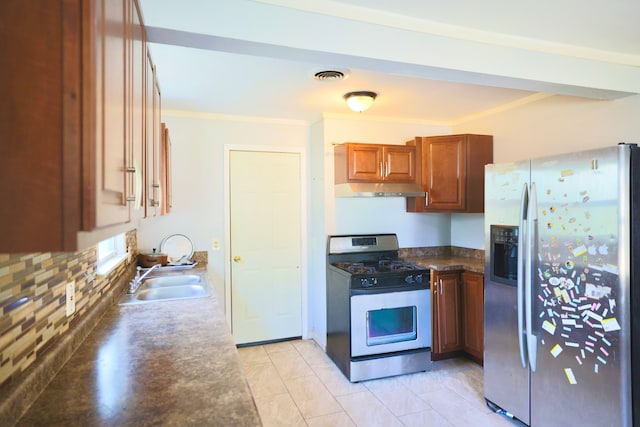 3638 Katherine St, Dearborn, MI 48124 - kitchen featuring ornamental molding, visible vents, under cabinet range hood, a sink, and stainless steel appliances