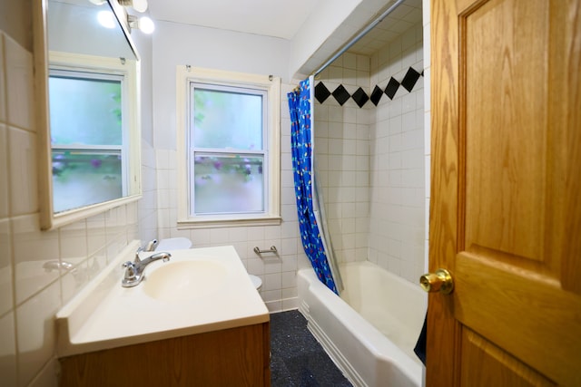 3638 Katherine St, Dearborn, MI 48124 - full bathroom with tile walls, shower / bathtub combination with curtain, and vanity
