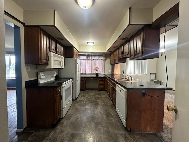 kitchen featuring white appliances, dark countertops, a sink, and a peninsula
