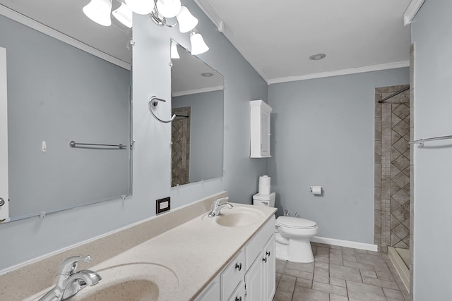 2515 N Lake Pleasant Rd, Attica, MI 48412 - full bath with a shower stall, crown molding, toilet, double vanity, and stone finish floors