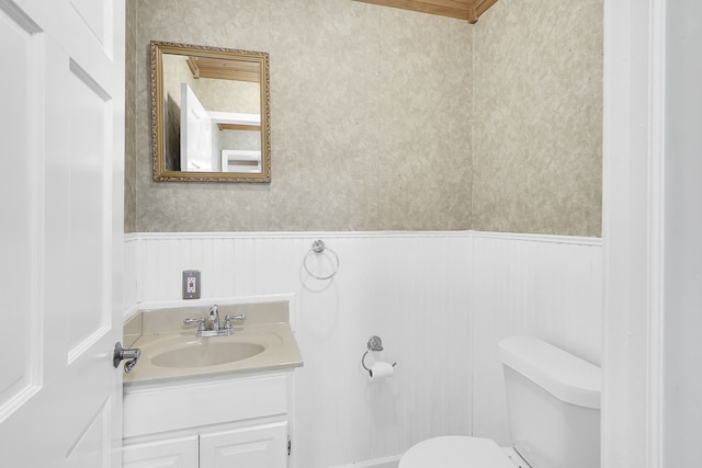 2515 N Lake Pleasant Rd, Attica, MI 48412 - half bathroom featuring toilet, wainscoting, vanity, and a decorative wall
