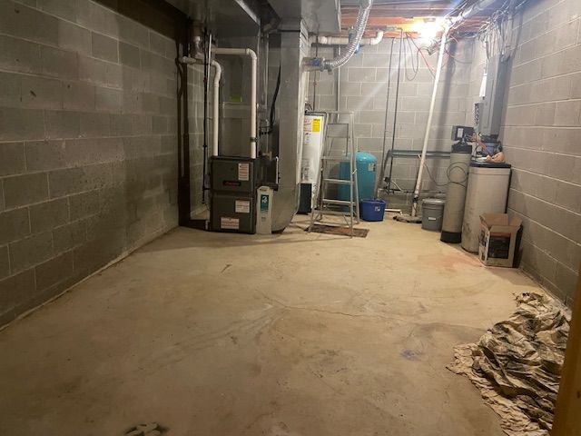 2515 N Lake Pleasant Rd, Attica, MI 48412 - unfinished below grade area featuring a water softener system, gas water heater, heating unit, and a water pressure tank