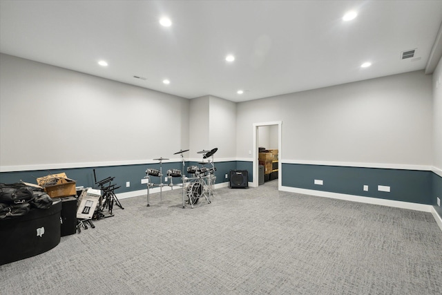 recreation room featuring recessed lighting, baseboards, and carpet floors