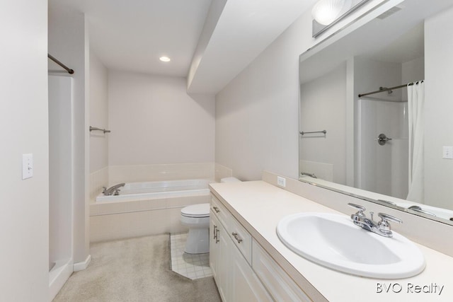 full bathroom with tiled bath, vanity, recessed lighting, toilet, and a shower with shower curtain