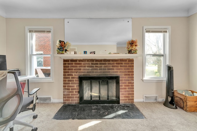 19544 Strasburg St, Detroit, MI 48205 - living area with carpet, a brick fireplace, and visible vents