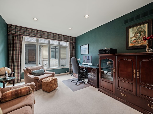 carpeted home office featuring recessed lighting, an accent wall, and wallpapered walls