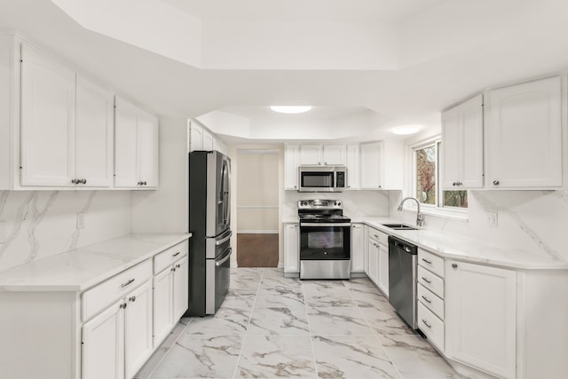 kitchen with a sink, appliances with stainless steel finishes, a tray ceiling, white cabinetry, and light stone countertops