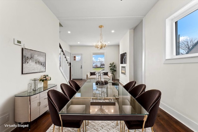11393 Fisher Ave, Warren, MI 48089 - dining space with dark wood-style floors, baseboards, recessed lighting, a notable chandelier, and stairs