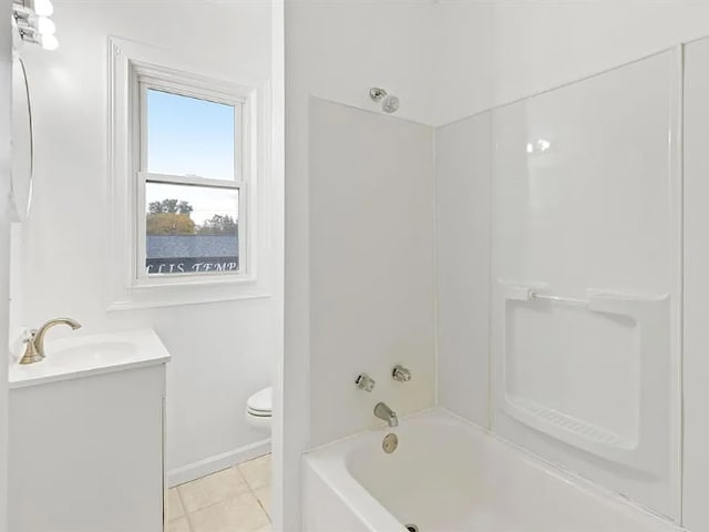bathroom with tile patterned flooring, toilet, shower / tub combination, and vanity