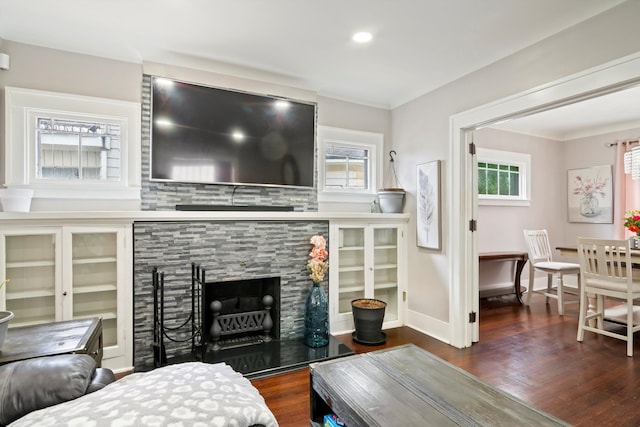 living area featuring crown molding, baseboards, wood finished floors, and a fireplace