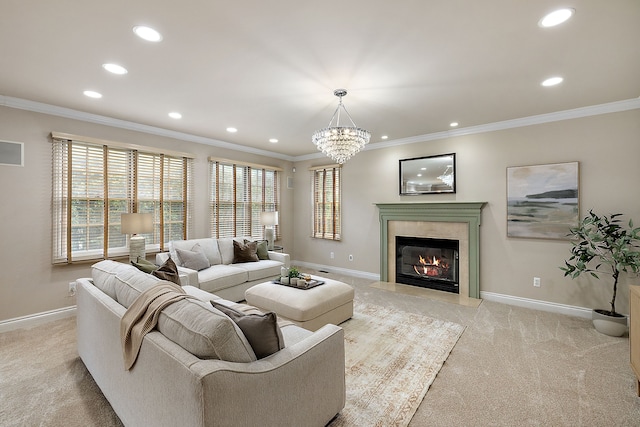 living room featuring baseboards, recessed lighting, and light colored carpet
