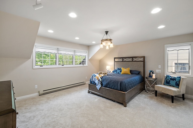 bedroom with carpet floors, a baseboard radiator, recessed lighting, and baseboards
