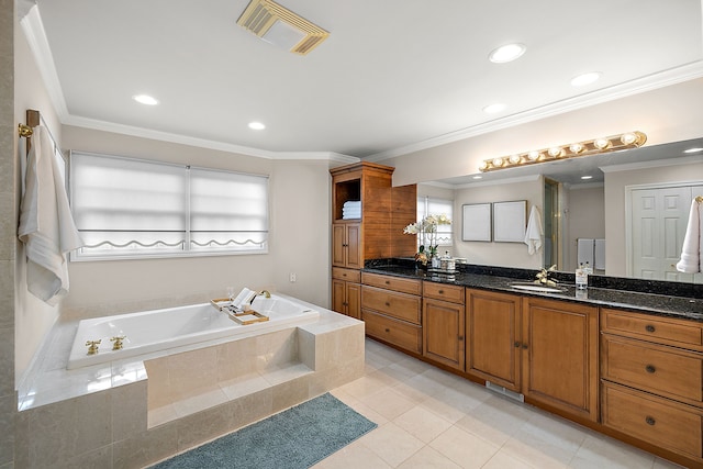 full bath with tile patterned flooring, vanity, visible vents, and a bath