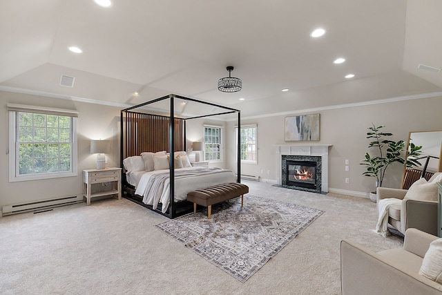 bedroom with baseboard heating, light carpet, crown molding, visible vents, and multiple windows