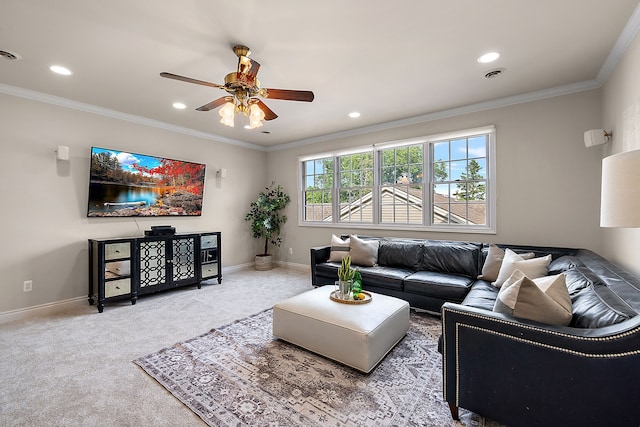 carpeted living room with visible vents, baseboards, ornamental molding, a ceiling fan, and recessed lighting