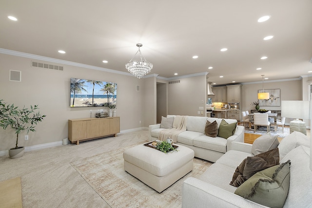 living room with crown molding and recessed lighting