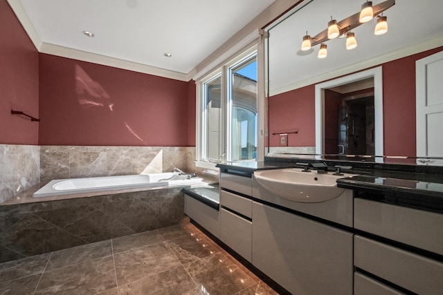 82 Chateaux Du Lac, Fenton, MI 48430 - full bathroom featuring ornamental molding, a bath, and vanity