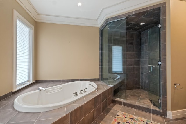 82 Chateaux Du Lac, Fenton, MI 48430 - bathroom featuring tile patterned flooring, ornamental molding, a bath, and a stall shower