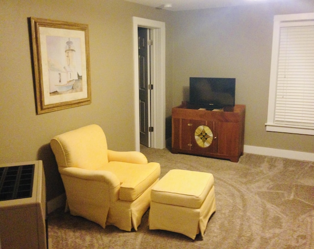 living area featuring baseboards and carpet flooring