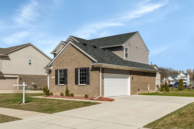 traditional-style home with brick siding, a front lawn, a shingled roof, and concrete driveway