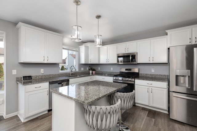 kitchen featuring white cabinetry, a sink, dark wood-style floors, and stainless steel appliances