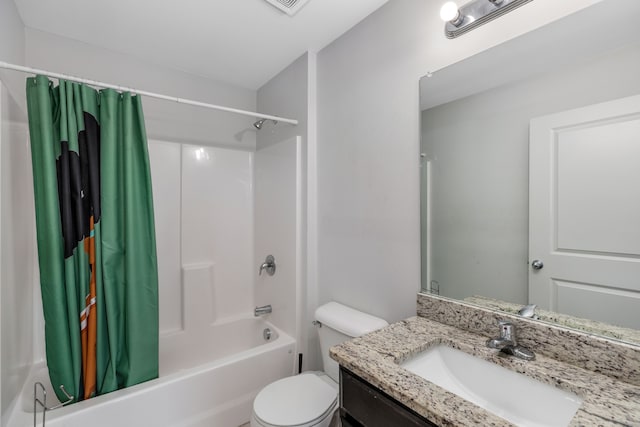 bathroom with toilet, shower / bathtub combination with curtain, and vanity