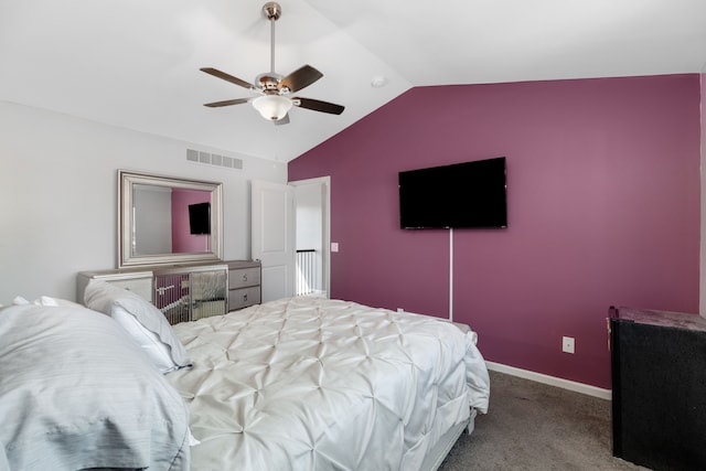 carpeted bedroom with visible vents, baseboards, ceiling fan, and lofted ceiling