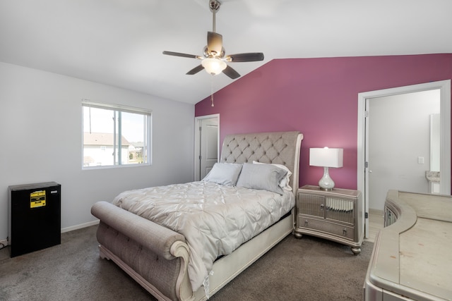 carpeted bedroom featuring ceiling fan and lofted ceiling