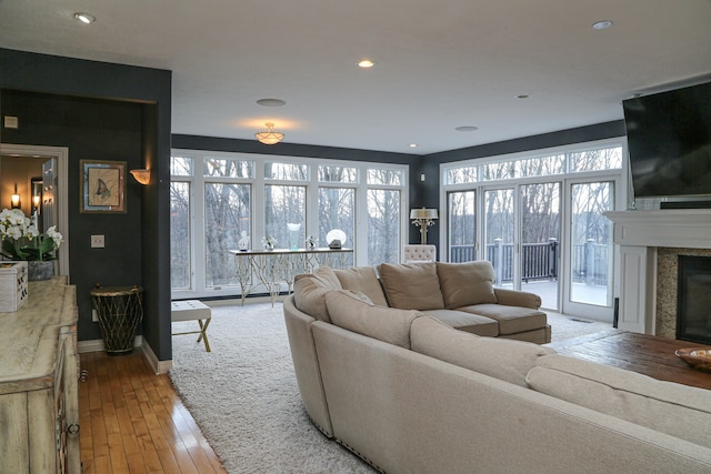 living room featuring a wealth of natural light, light wood-style floors, and a fireplace