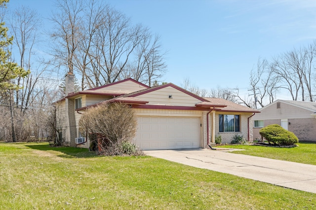 29190 Heritage, Southfield, MI 48076 - view of front of house featuring a chimney, concrete driveway, brick siding, a front yard, and a garage