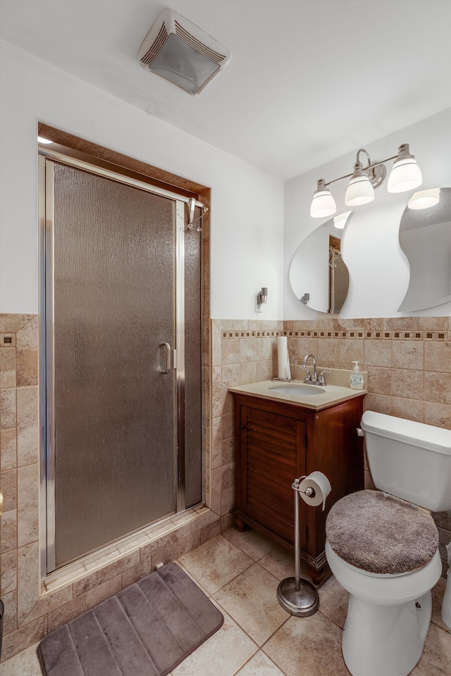 29190 Heritage, Southfield, MI 48076 - bathroom with a stall shower, vanity, tile walls, a wainscoted wall, and tile patterned flooring